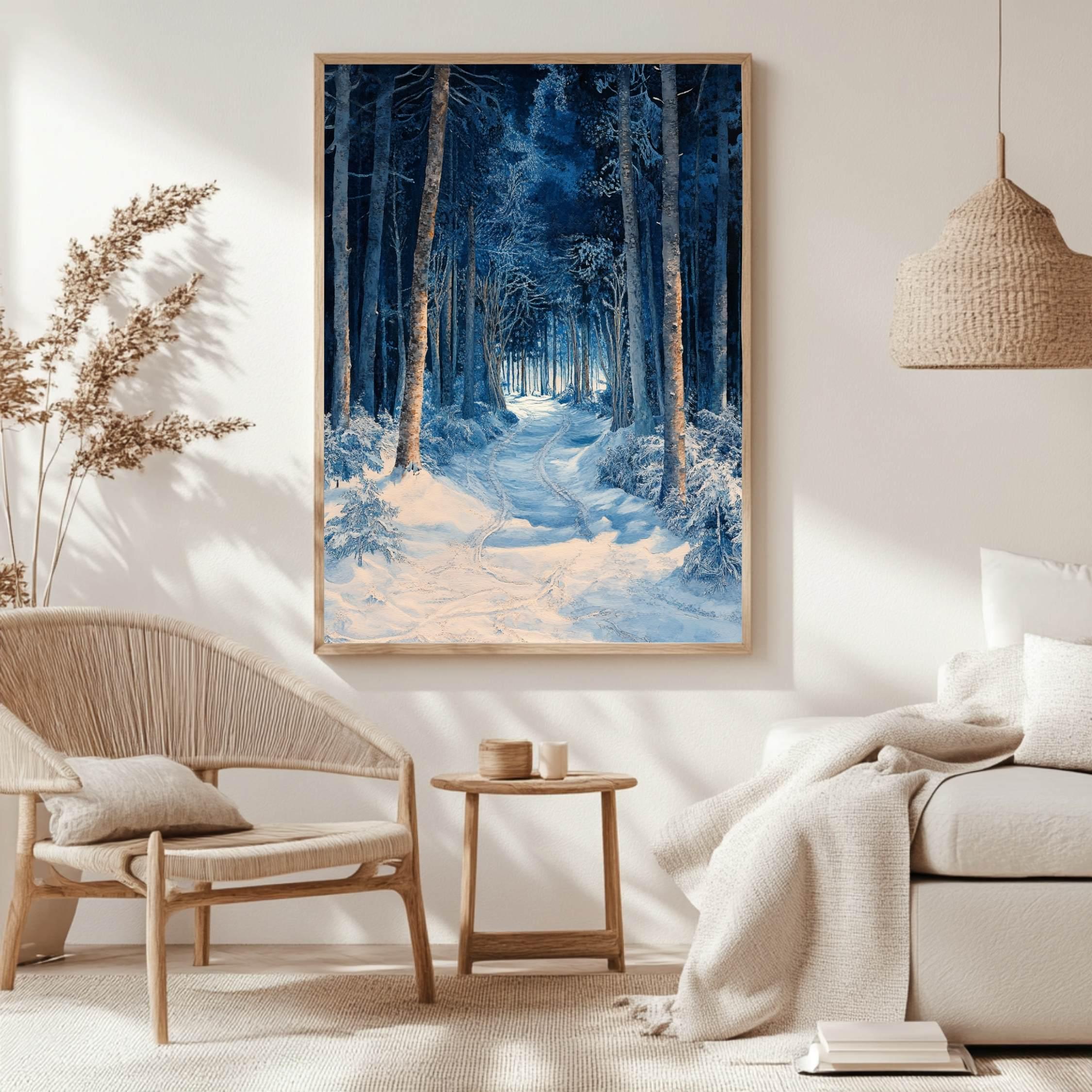 Blue Forest Path Wooden Canvas Art, Winter Wonderland Wall Print, Snowy Landscape Holiday Decor, Serene Woodland Framed Canvas