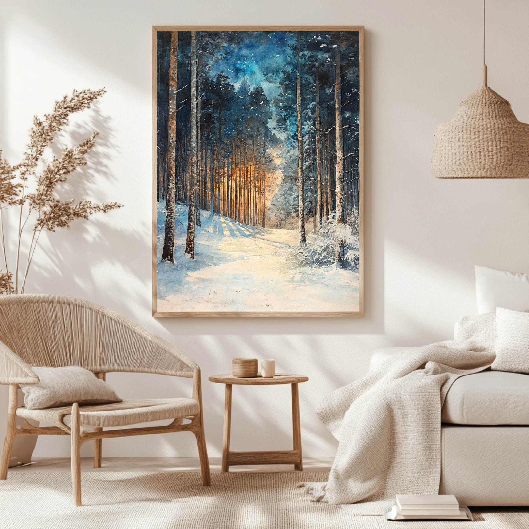 Golden Glow Winter Forest Wooden Canvas Art, Snowy Pine Tree Wall Print, Cozy Holiday Framed Decor