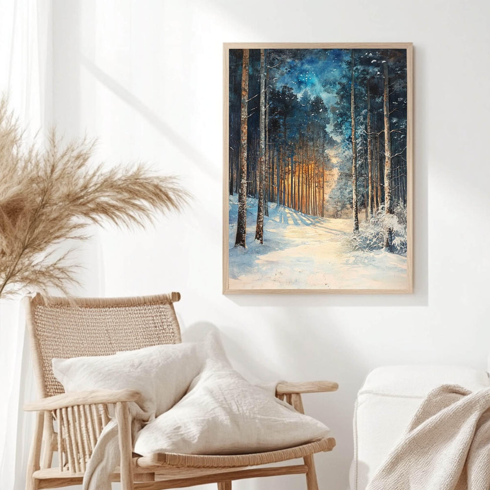 Golden Glow Winter Forest Wooden Canvas Art, Snowy Pine Tree Wall Print, Cozy Holiday Framed Decor