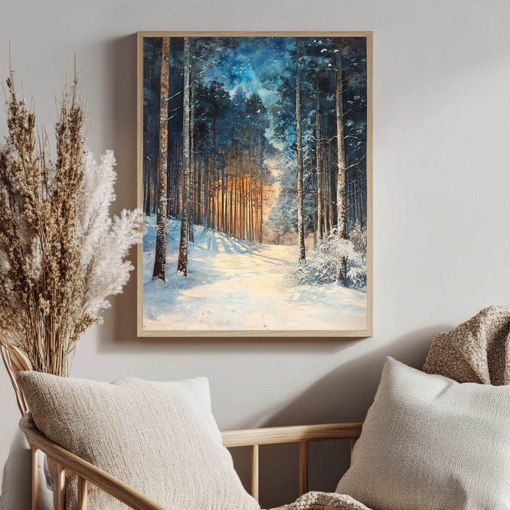 Golden Glow Winter Forest Wooden Canvas Art, Snowy Pine Tree Wall Print, Cozy Holiday Framed Decor