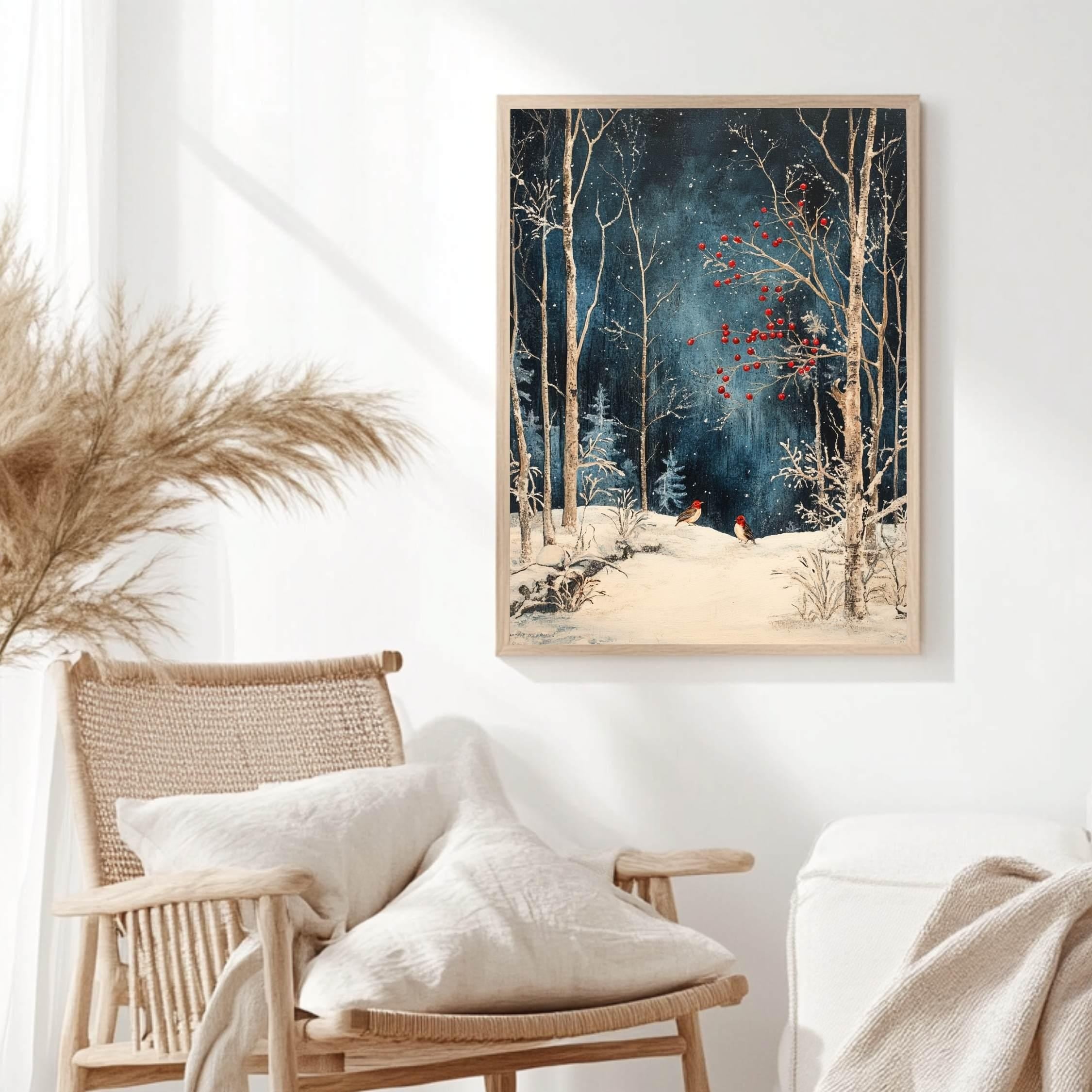 Winter Forest Birds Wooden Canvas Art, Red Berries Snow Scene Wall Print, Peaceful Christmas Woodland Decor