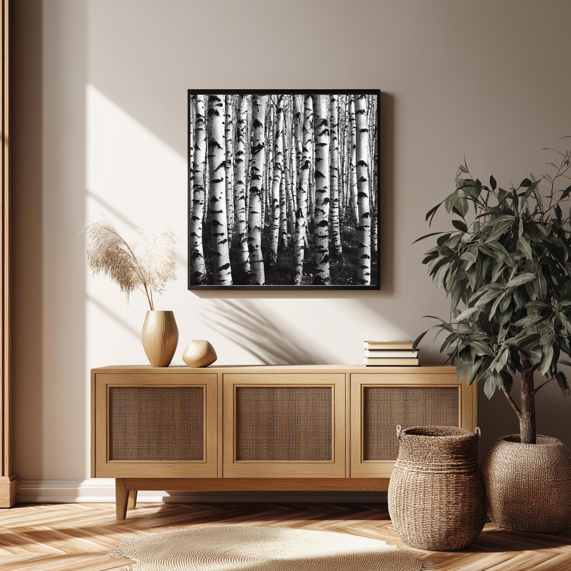 Black and White Birch Forest Wall Art, Minimalist Nature Canvas Print, Scandinavian Style Birch Tree Poster, Modern Woodland Home Decor