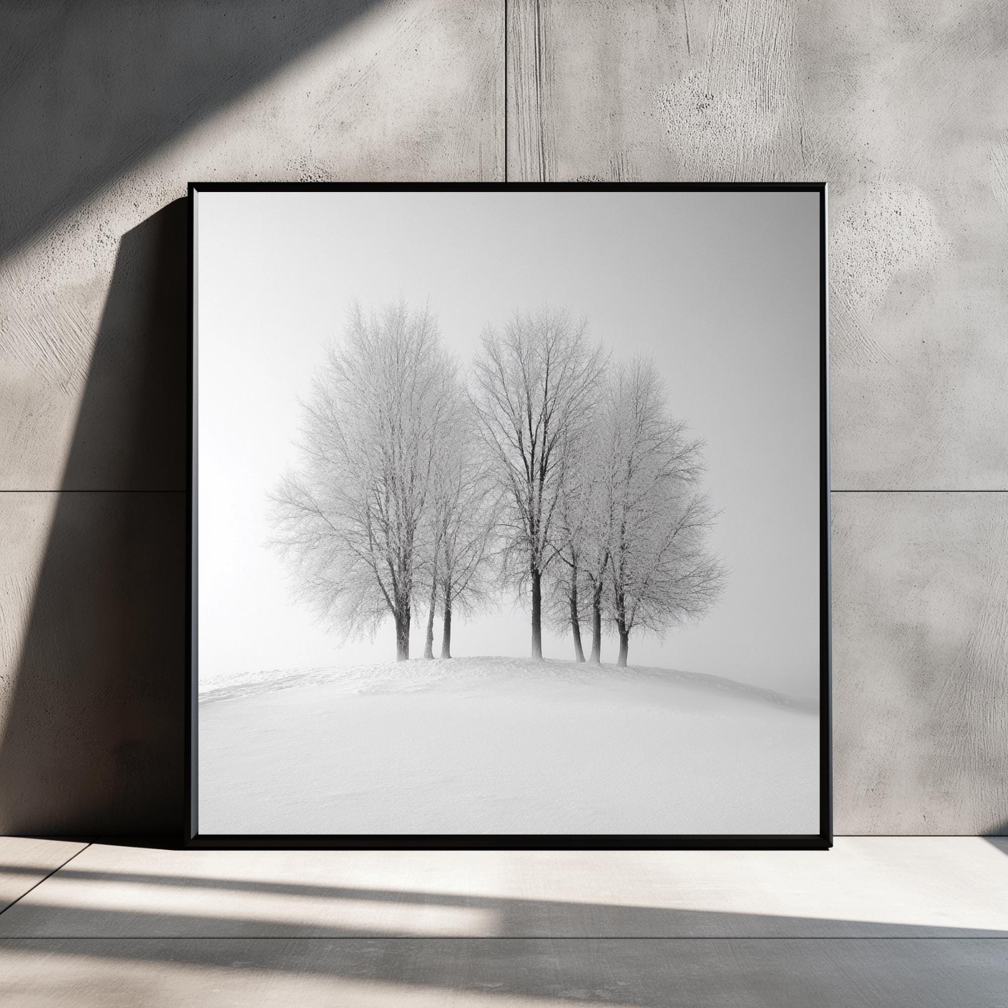 Winter Trees Wall Art, Black and White Framed Canvas, Minimalist Snow Scene Print, Modern Scandinavian Artwork, Calm Nature Home Decor
