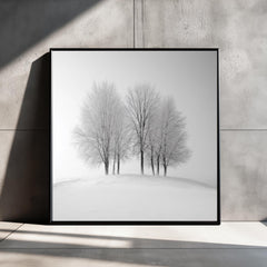 Winter Trees Wall Art, Black and White Framed Canvas, Minimalist Snow Scene Print, Modern Scandinavian Artwork, Calm Nature Home Decor