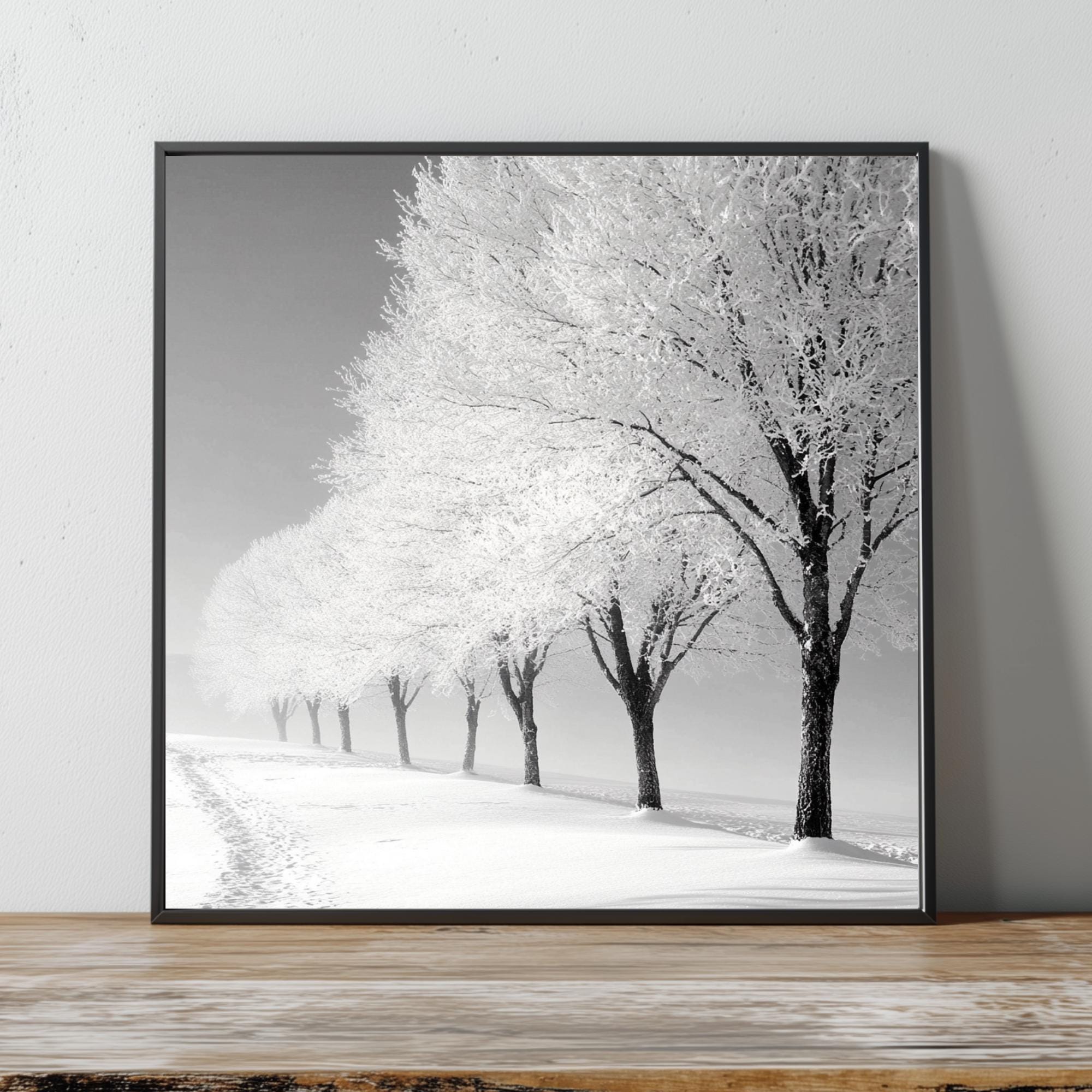 Frosted Trees Wall Art, Black and White Framed Canvas, Snowy Landscape Print, Minimalist Winter Artwork, Scandinavian Calm Nature Decor