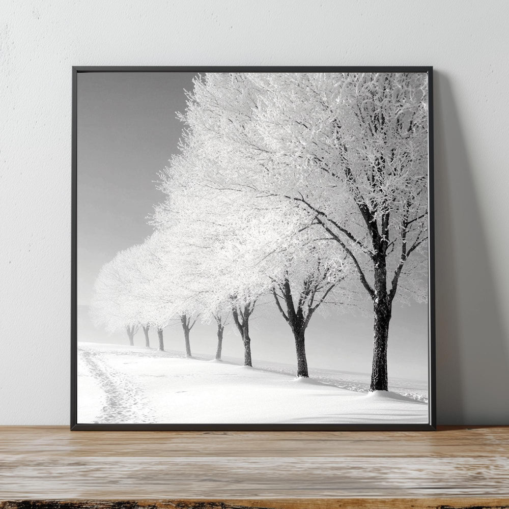 Frosted Trees Wall Art, Black and White Framed Canvas, Snowy Landscape Print, Minimalist Winter Artwork, Scandinavian Calm Nature Decor