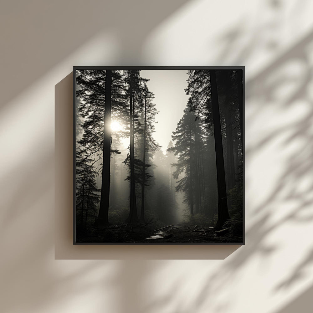 Redwood Forest Wall Art, Misty Tree Landscape Print, Sunlight Through Trees Poster, Calm Nature Home Decor, Black and White Framed Canvas