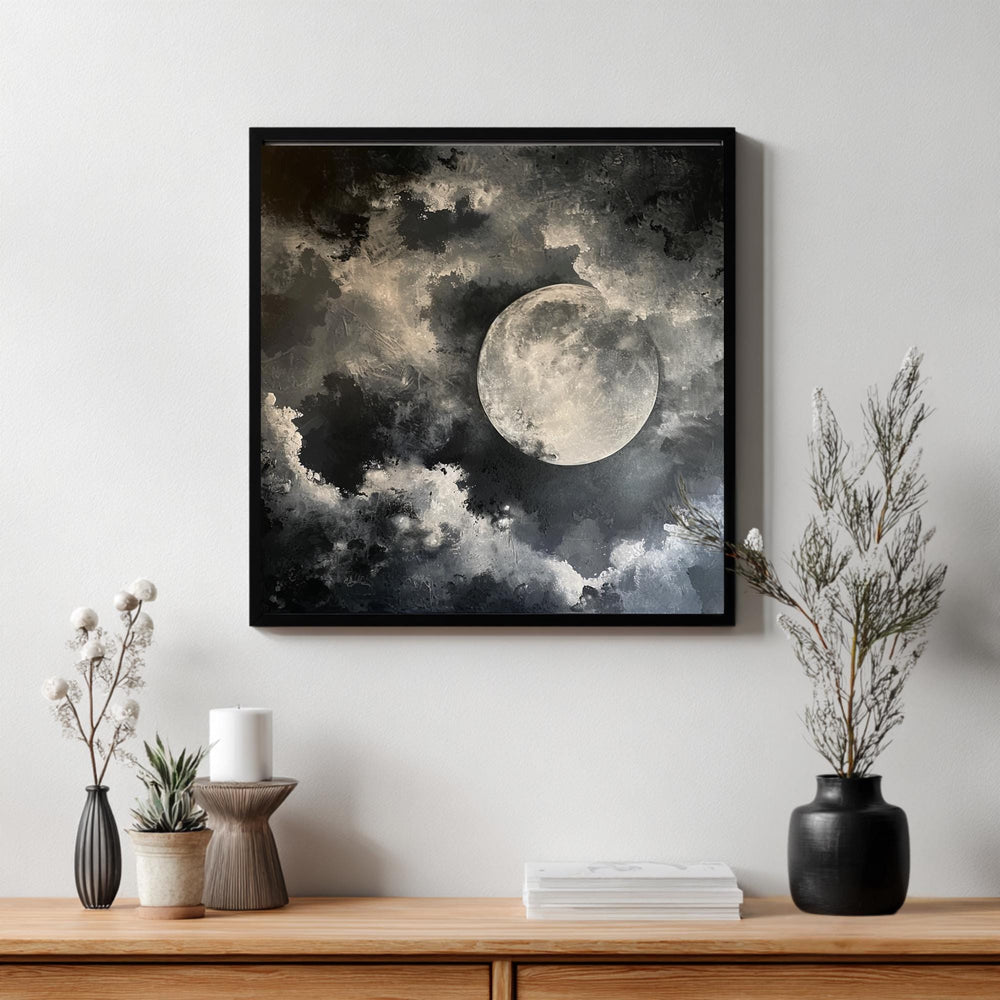 Full Moon Wall Art, Celestial Night Sky Print, Lunar Cloudscape Poster, Mystical Minimalist Home Decor, Black and White Framed Canvas