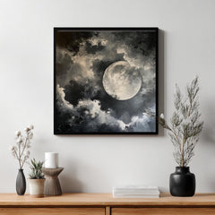 Full Moon Wall Art, Celestial Night Sky Print, Lunar Cloudscape Poster, Mystical Minimalist Home Decor, Black and White Framed Canvas