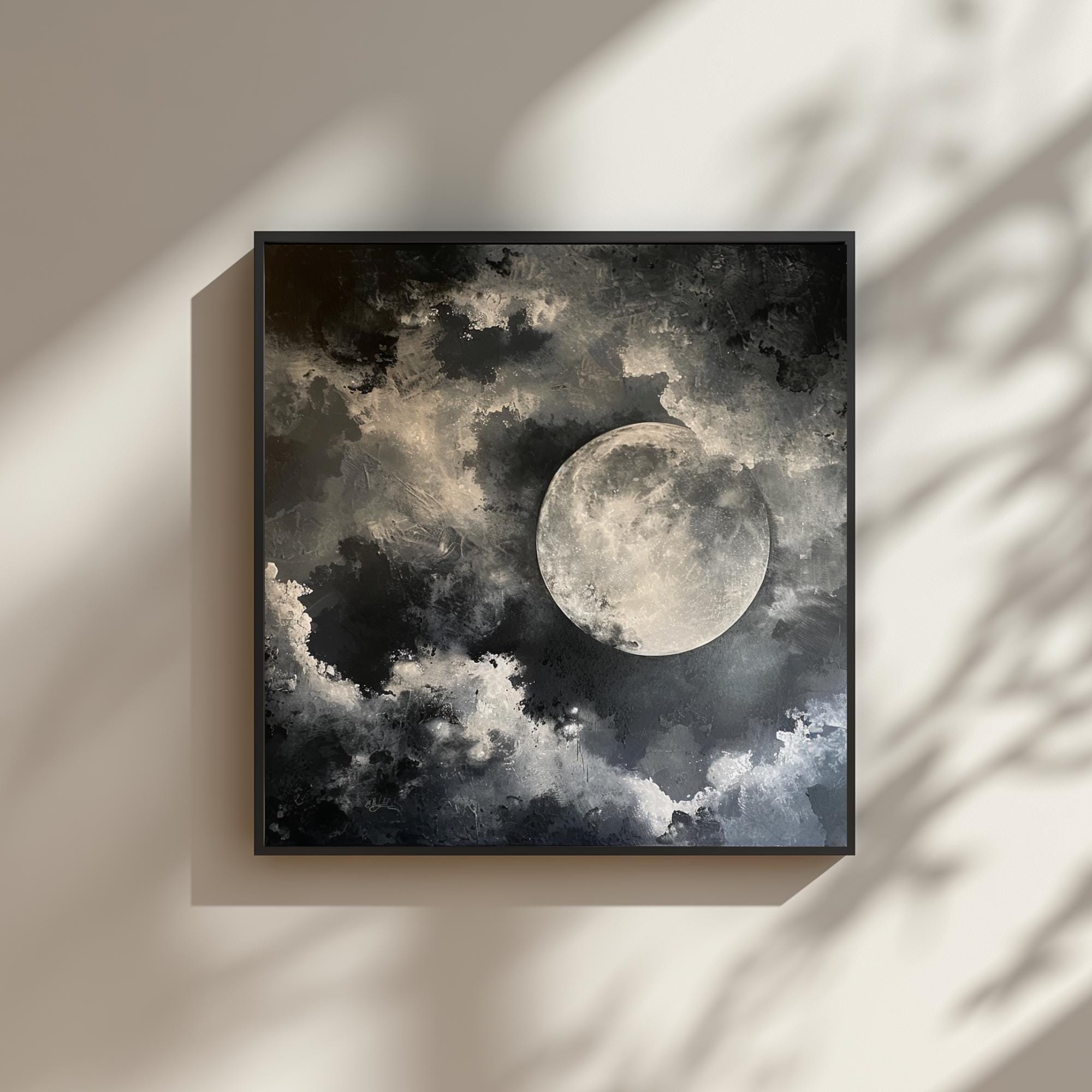 Full Moon Wall Art, Celestial Night Sky Print, Lunar Cloudscape Poster, Mystical Minimalist Home Decor, Black and White Framed Canvas