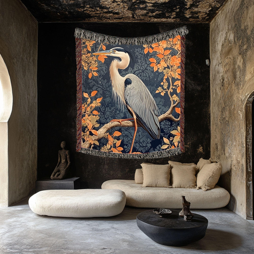 Great Blue Heron Woven Blanket, Autumn Bird Art Tapestry Throw, Nature-Inspired Decor, Elegant Wildlife Blanket, Cozy Rustic Home Accent