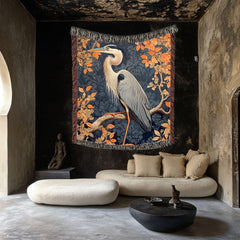 Great Blue Heron Woven Blanket, Autumn Bird Art Tapestry Throw, Nature-Inspired Decor, Elegant Wildlife Blanket, Cozy Rustic Home Accent