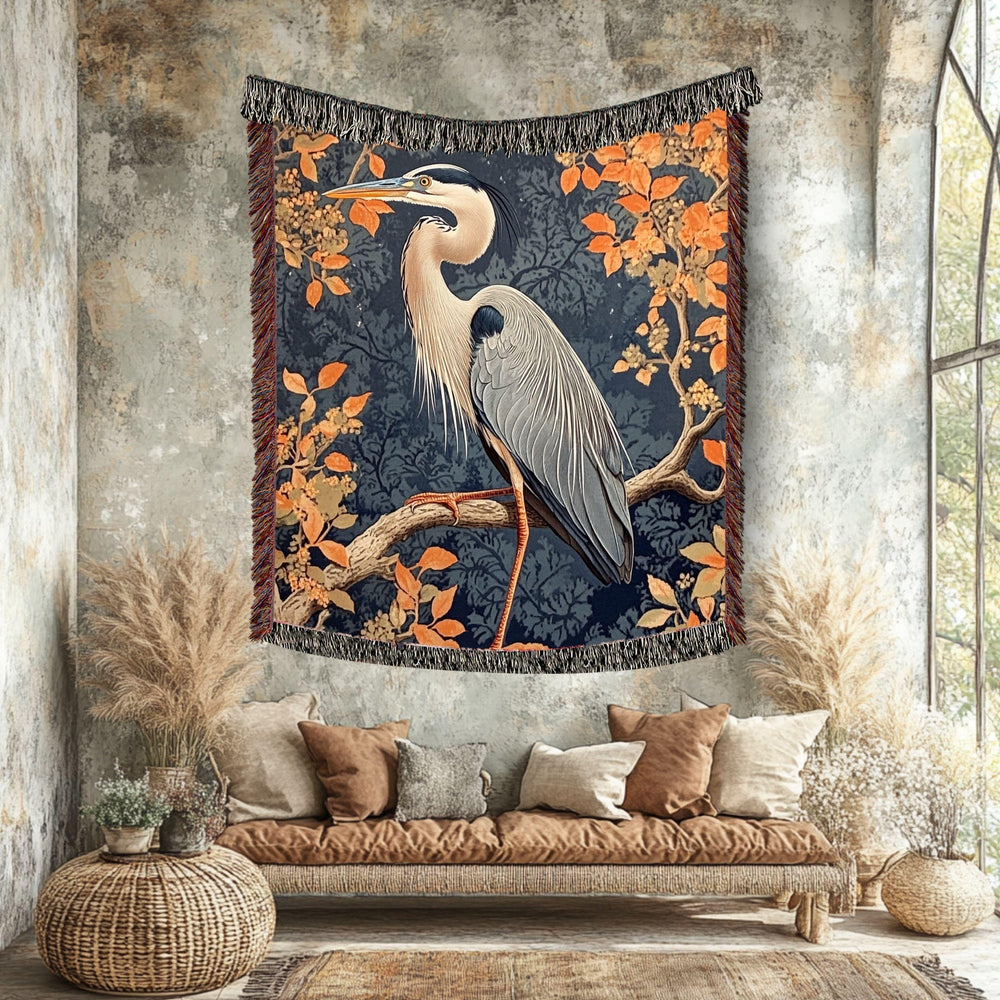 Great Blue Heron Woven Blanket, Autumn Bird Art Tapestry Throw, Nature-Inspired Decor, Elegant Wildlife Blanket, Cozy Rustic Home Accent