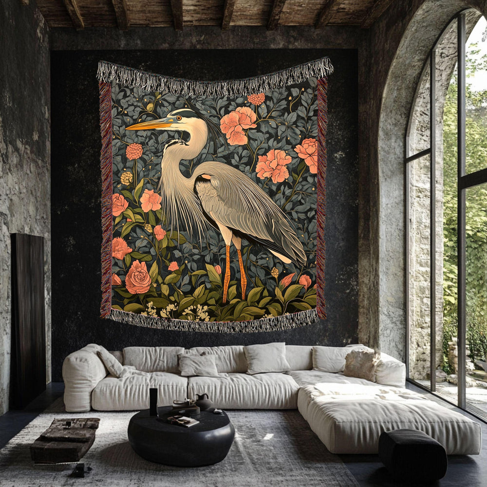 Great Blue Heron Woven Blanket, Autumn Bird Art Tapestry Throw, Nature-Inspired Decor, Elegant Wildlife Blanket, Cozy Rustic Home Accent