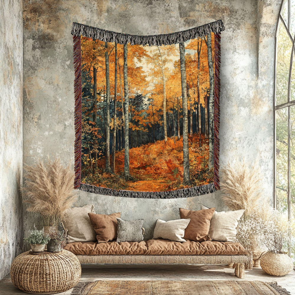 Golden Forest Woven Blanket, Autumn Woods Landscape Throw, Cozy Nature-Inspired Tapestry, Rustic Woodland Decor, Warm Fall Home Accent