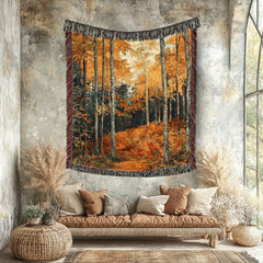 Golden Forest Woven Blanket, Autumn Woods Landscape Throw, Cozy Nature-Inspired Tapestry, Rustic Woodland Decor, Warm Fall Home Accent