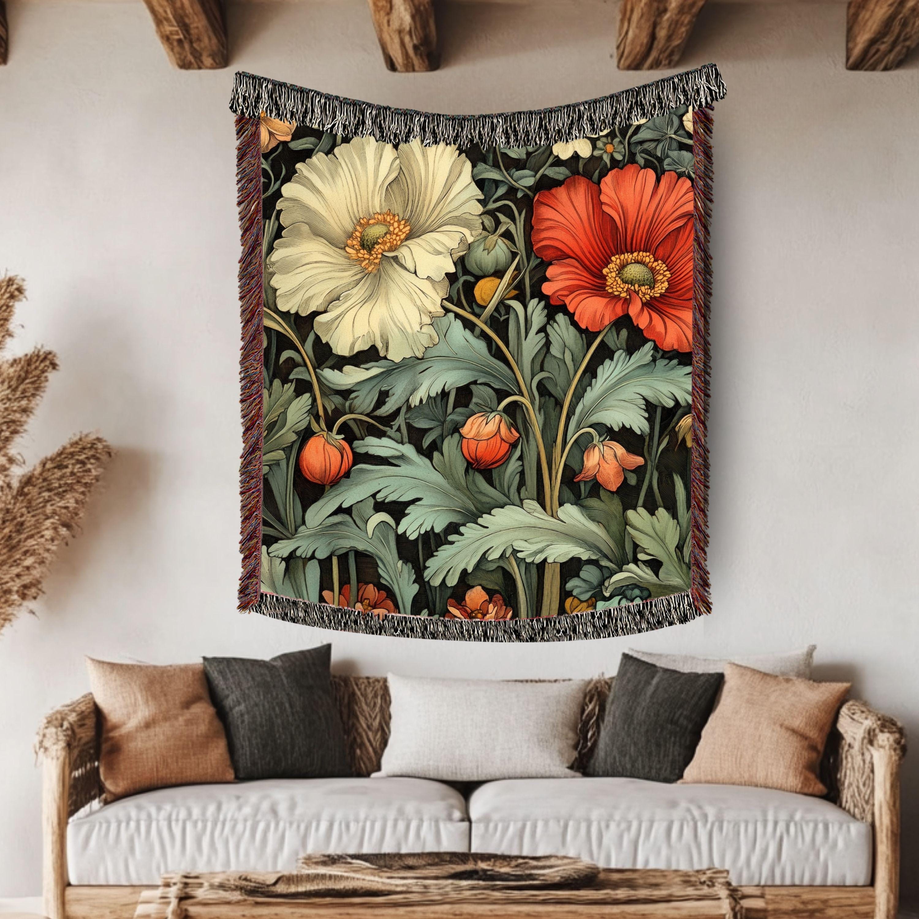 Poppy Garden Woven Blanket, Botanical Floral Throw, Nature-Inspired Tapestry, Rustic Flower Home Decor, Cozy Cottage Garden Gift Idea