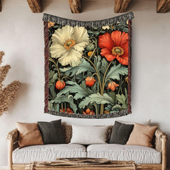 Poppy Garden Woven Blanket, Botanical Floral Throw, Nature-Inspired Tapestry, Rustic Flower Home Decor, Cozy Cottage Garden Gift Idea