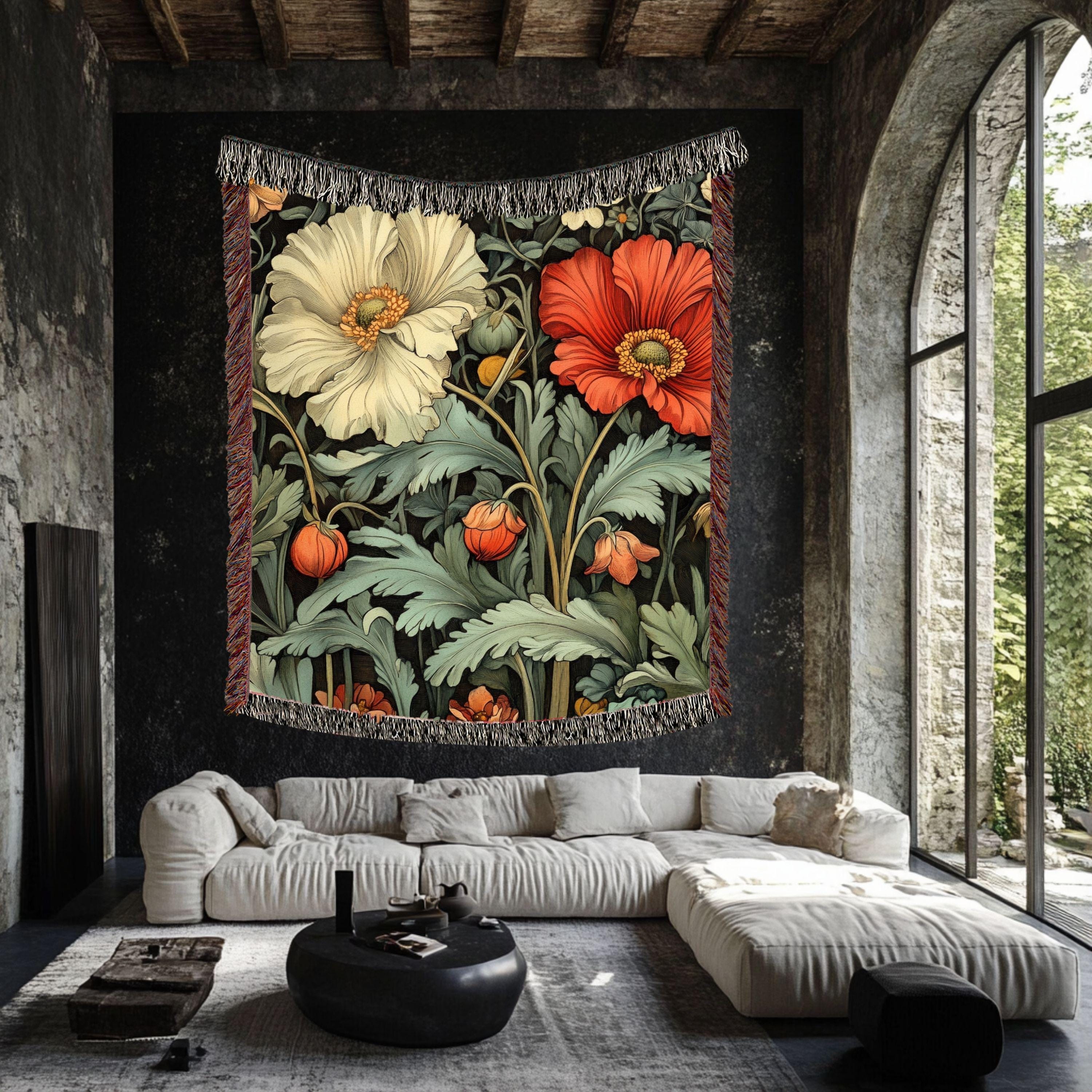 Poppy Garden Woven Blanket, Botanical Floral Throw, Nature-Inspired Tapestry, Rustic Flower Home Decor, Cozy Cottage Garden Gift Idea