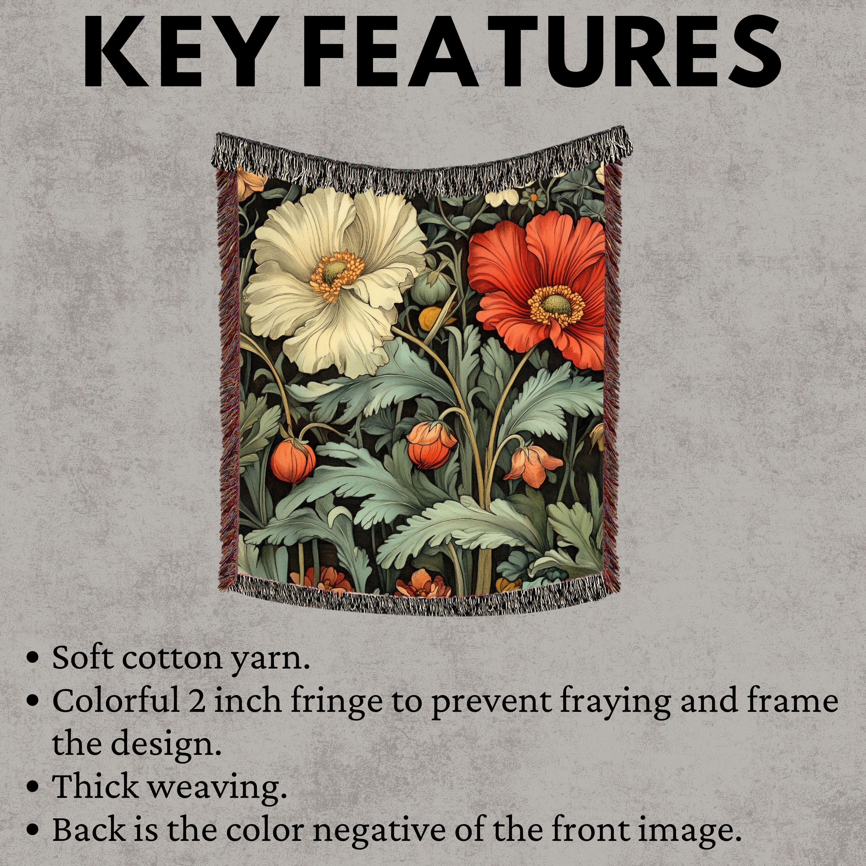 Poppy Garden Woven Blanket, Botanical Floral Throw, Nature-Inspired Tapestry, Rustic Flower Home Decor, Cozy Cottage Garden Gift Idea
