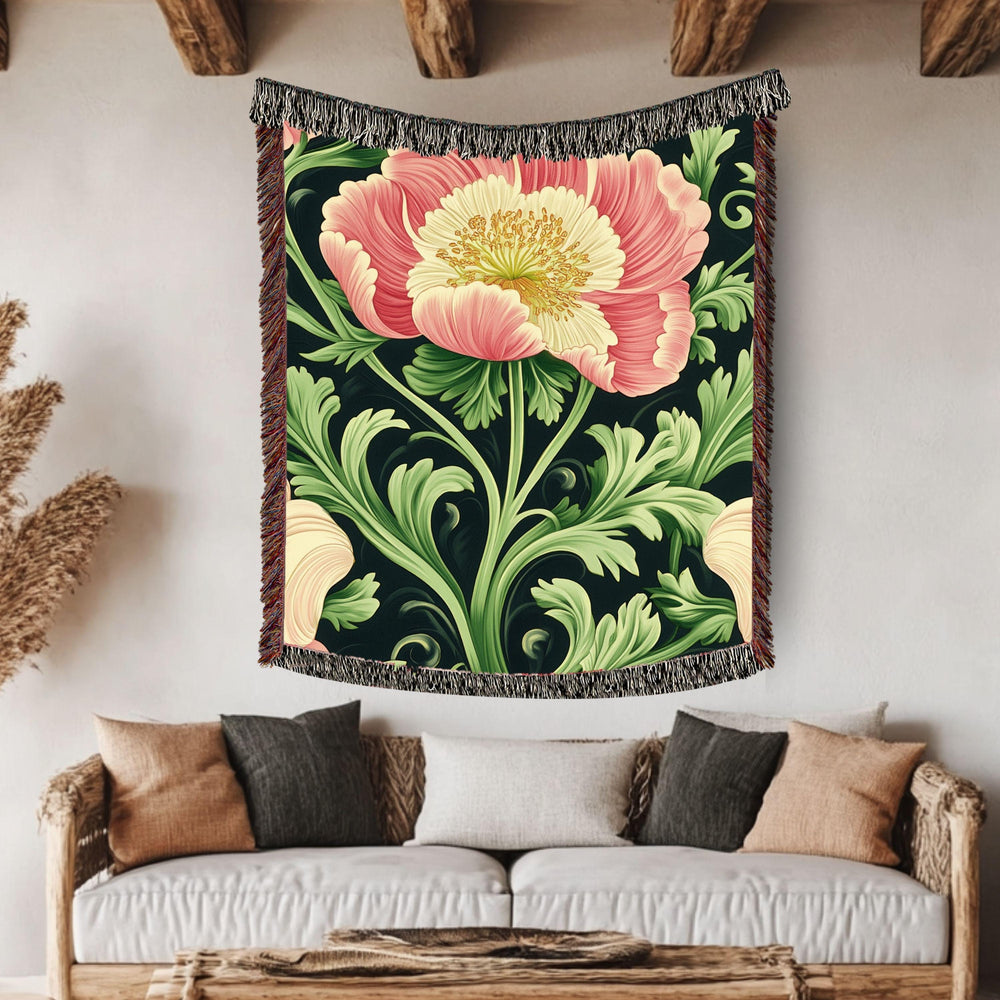 Botanical Peony Woven Blanket, Art Nouveau Floral Throw, Elegant Flower Tapestry, Nature-Inspired Home Decor, Cozy Vintage Gift Idea