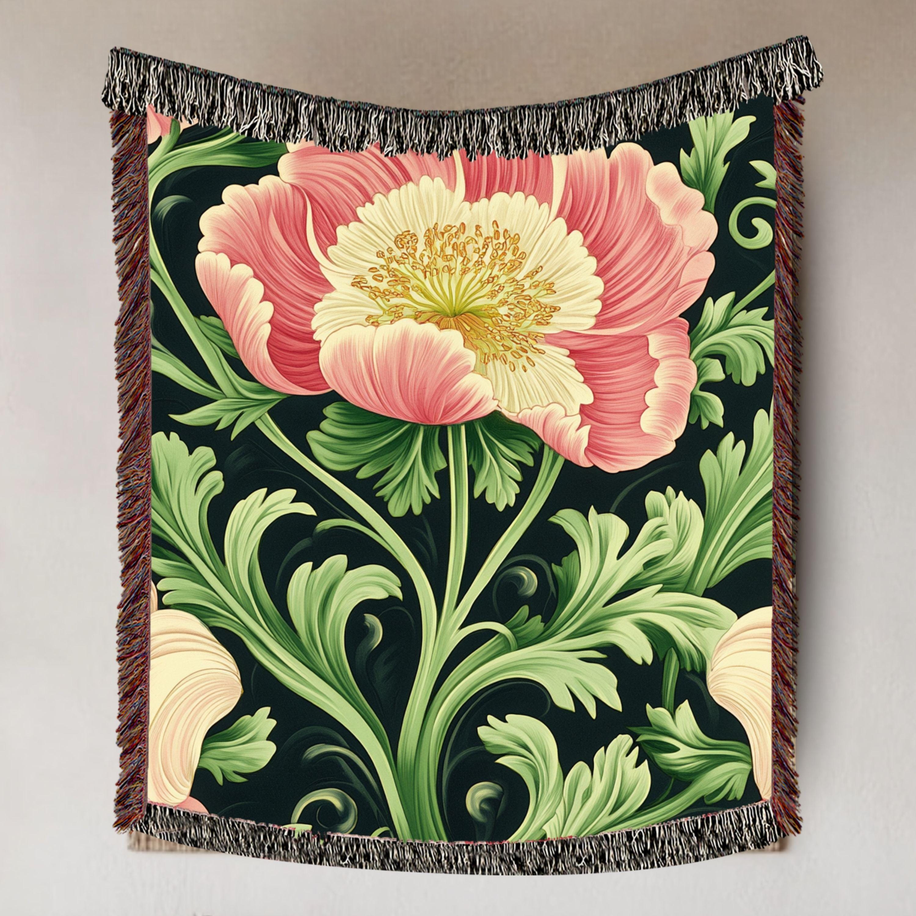 Botanical Peony Woven Blanket, Art Nouveau Floral Throw, Elegant Flower Tapestry, Nature-Inspired Home Decor, Cozy Vintage Gift Idea