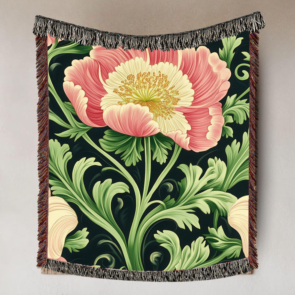 Botanical Peony Woven Blanket, Art Nouveau Floral Throw, Elegant Flower Tapestry, Nature-Inspired Home Decor, Cozy Vintage Gift Idea