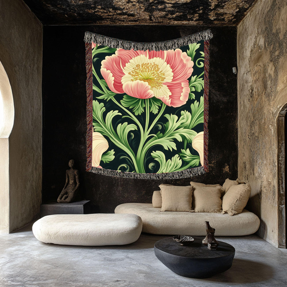 Botanical Peony Woven Blanket, Art Nouveau Floral Throw, Elegant Flower Tapestry, Nature-Inspired Home Decor, Cozy Vintage Gift Idea