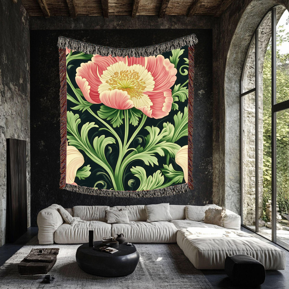 Botanical Peony Woven Blanket, Art Nouveau Floral Throw, Elegant Flower Tapestry, Nature-Inspired Home Decor, Cozy Vintage Gift Idea