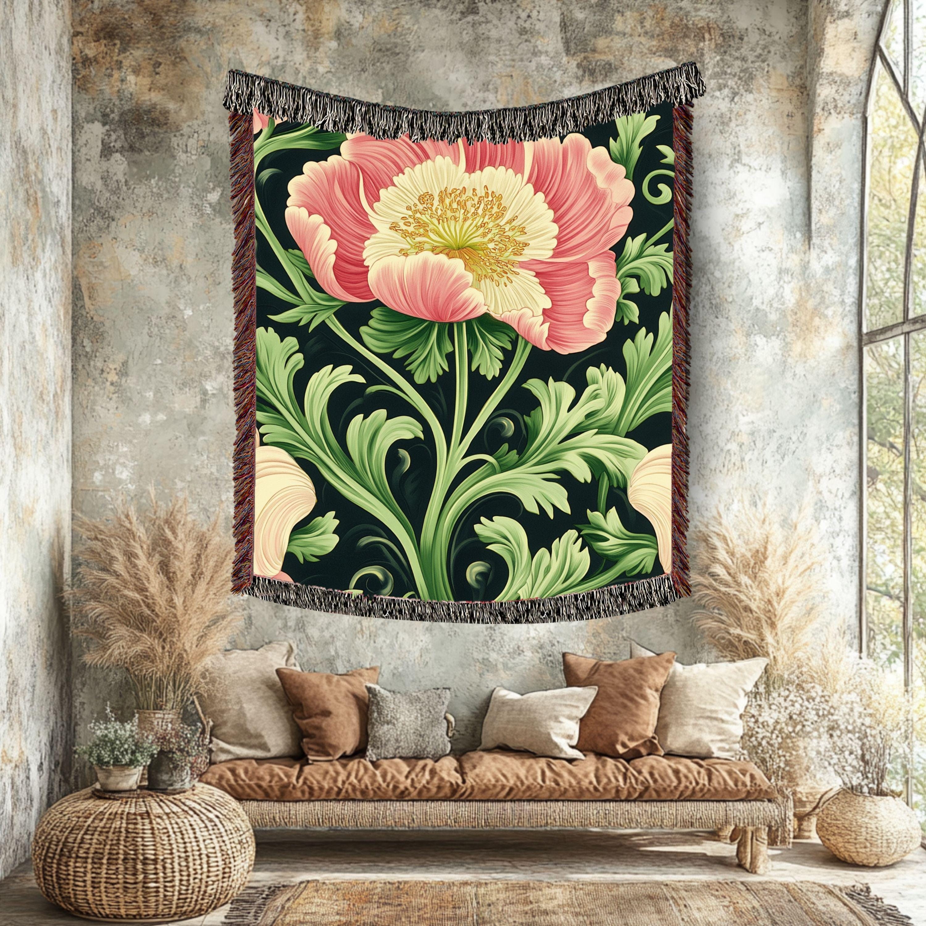 Botanical Peony Woven Blanket, Art Nouveau Floral Throw, Elegant Flower Tapestry, Nature-Inspired Home Decor, Cozy Vintage Gift Idea