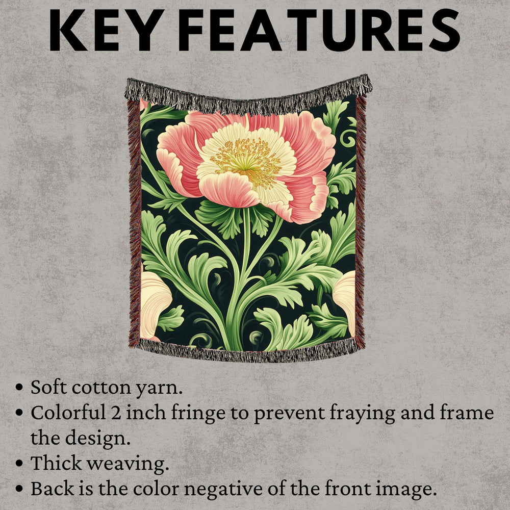 Botanical Peony Woven Blanket, Art Nouveau Floral Throw, Elegant Flower Tapestry, Nature-Inspired Home Decor, Cozy Vintage Gift Idea