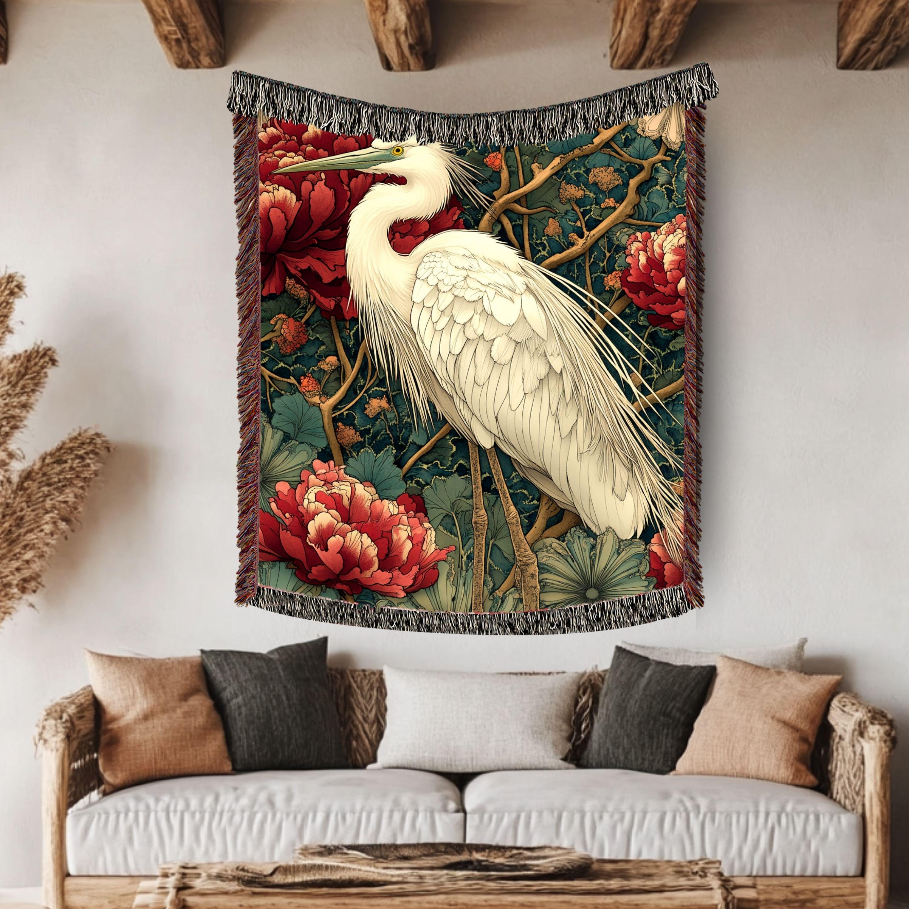 White Heron Garden Woven Blanket, Nature-Inspired Bird Throw, Botanical Floral Tapestry, Elegant Wildlife Art, Cozy Rustic Home Accent