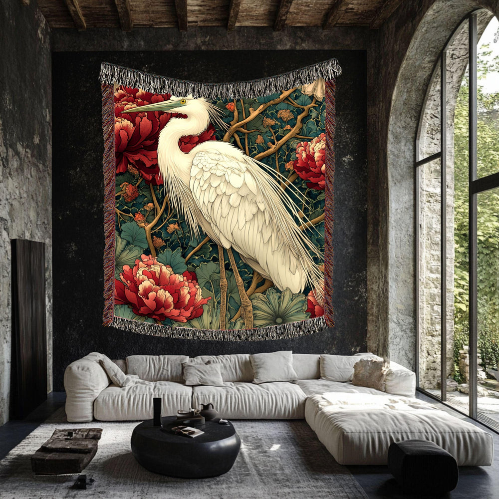 White Heron Garden Woven Blanket, Nature-Inspired Bird Throw, Botanical Floral Tapestry, Elegant Wildlife Art, Cozy Rustic Home Accent