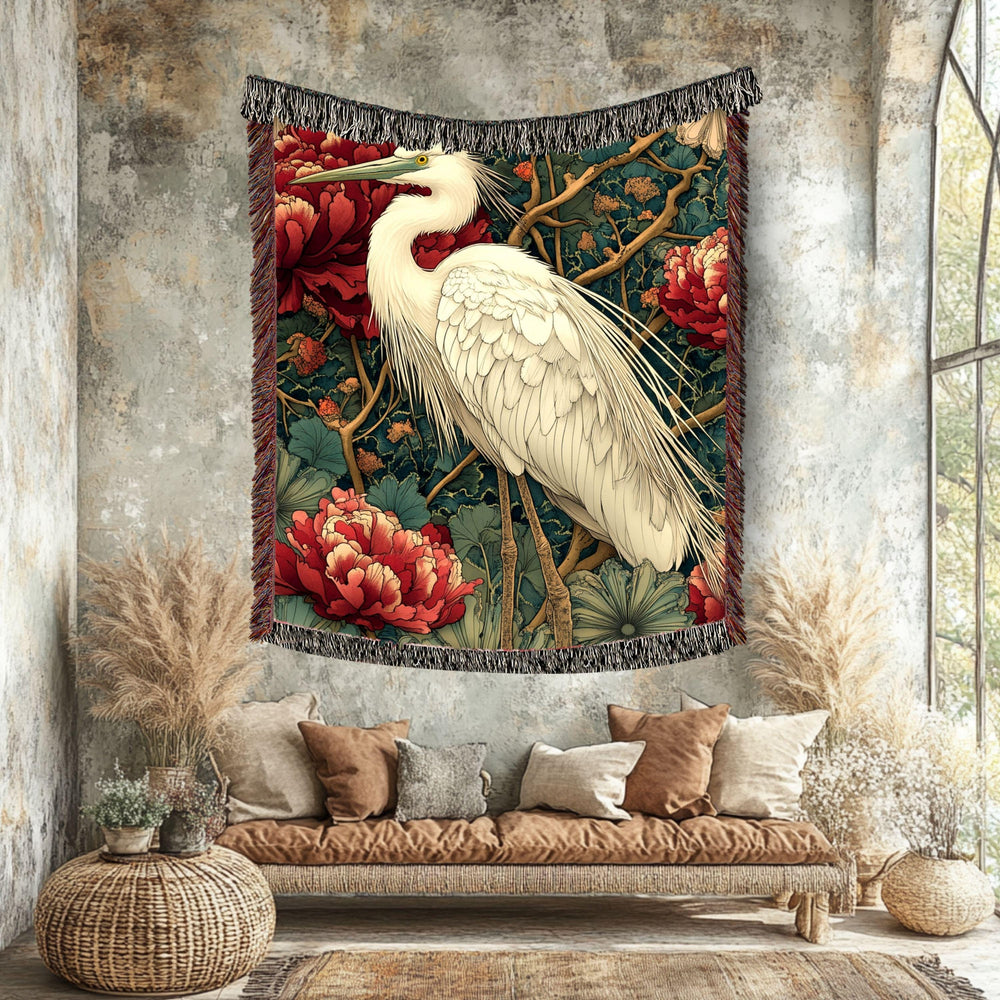 White Heron Garden Woven Blanket, Nature-Inspired Bird Throw, Botanical Floral Tapestry, Elegant Wildlife Art, Cozy Rustic Home Accent