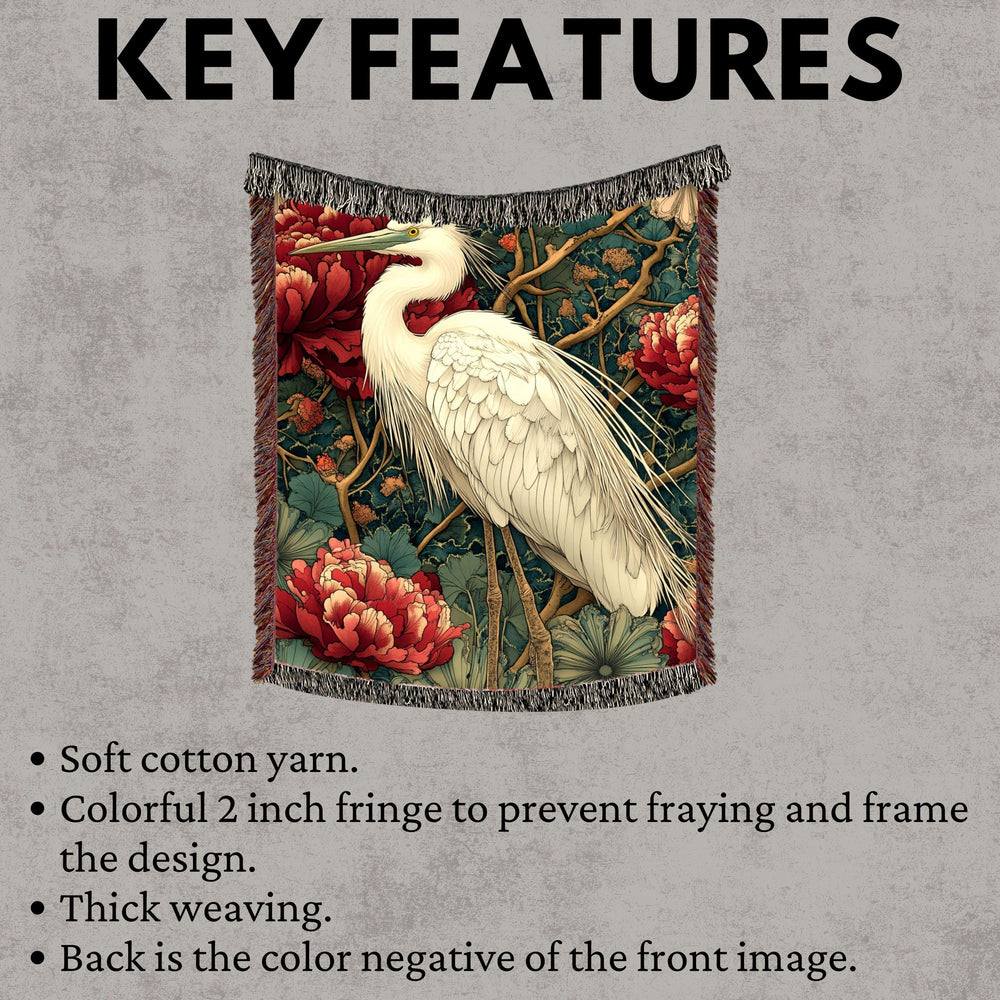 White Heron Garden Woven Blanket, Nature-Inspired Bird Throw, Botanical Floral Tapestry, Elegant Wildlife Art, Cozy Rustic Home Accent