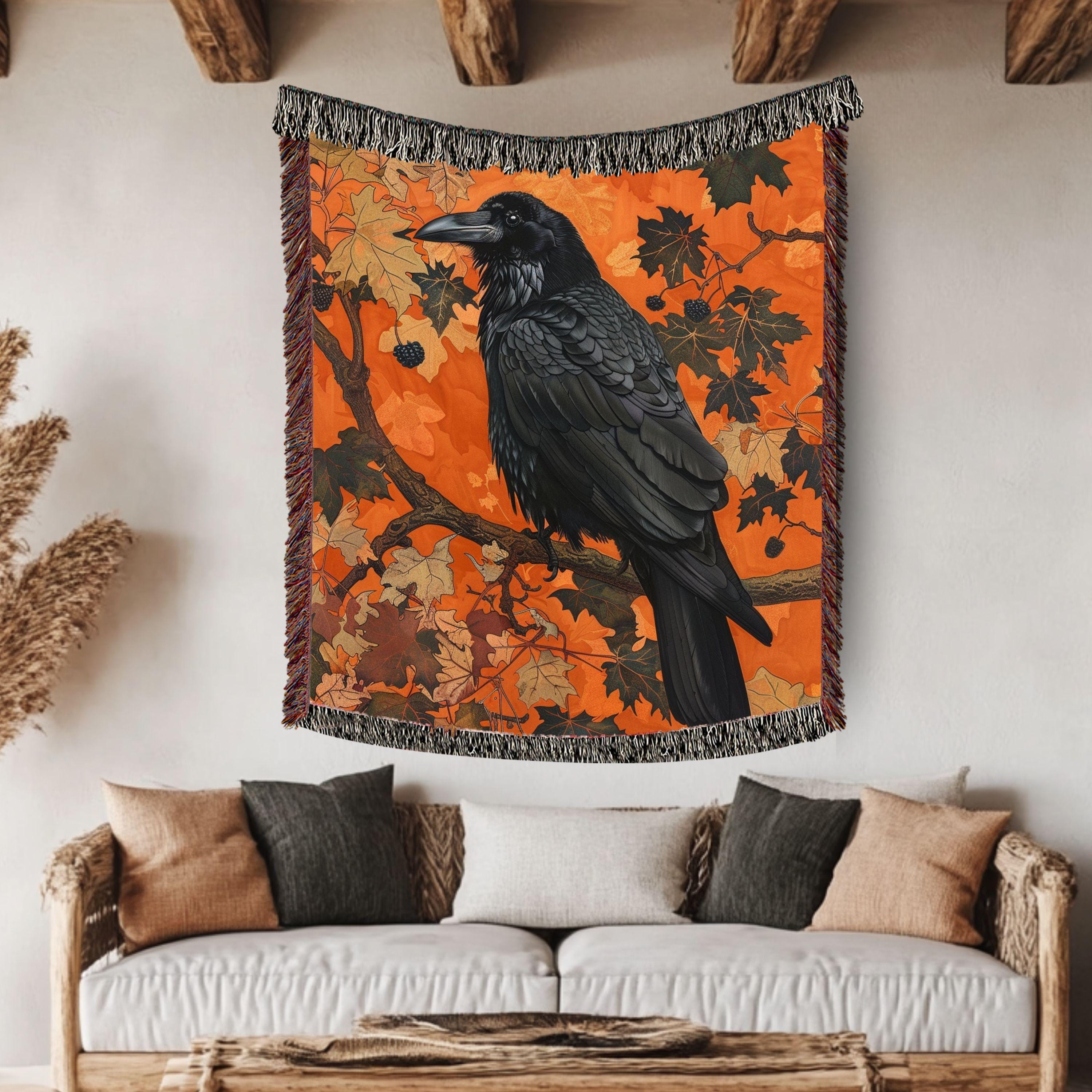 Black Raven Woven Blanket, Autumn Nature-Inspired Tapestry, Mystical Bird Art Throw, Rustic Woodland Decor, Cozy Halloween Accent Gift