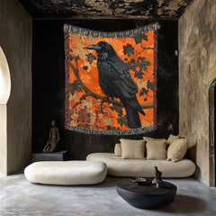 Black Raven Woven Blanket, Autumn Nature-Inspired Tapestry, Mystical Bird Art Throw, Rustic Woodland Decor, Cozy Halloween Accent Gift