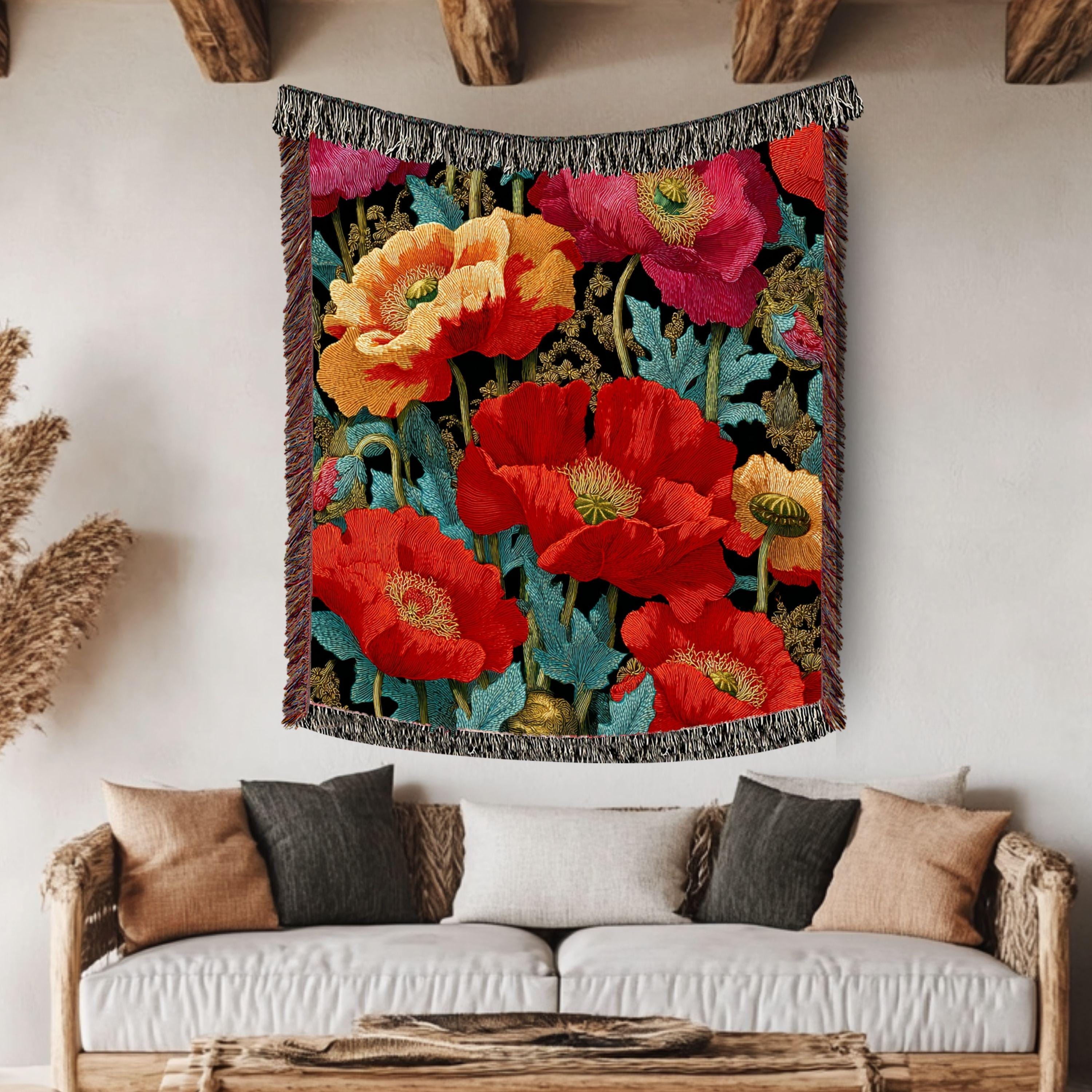 Vibrant Poppy Woven Blanket, Botanical Floral Tapestry Throw, Bold Nature-Inspired Art, Colorful Home Accent, Garden-Inspired Cozy Gift
