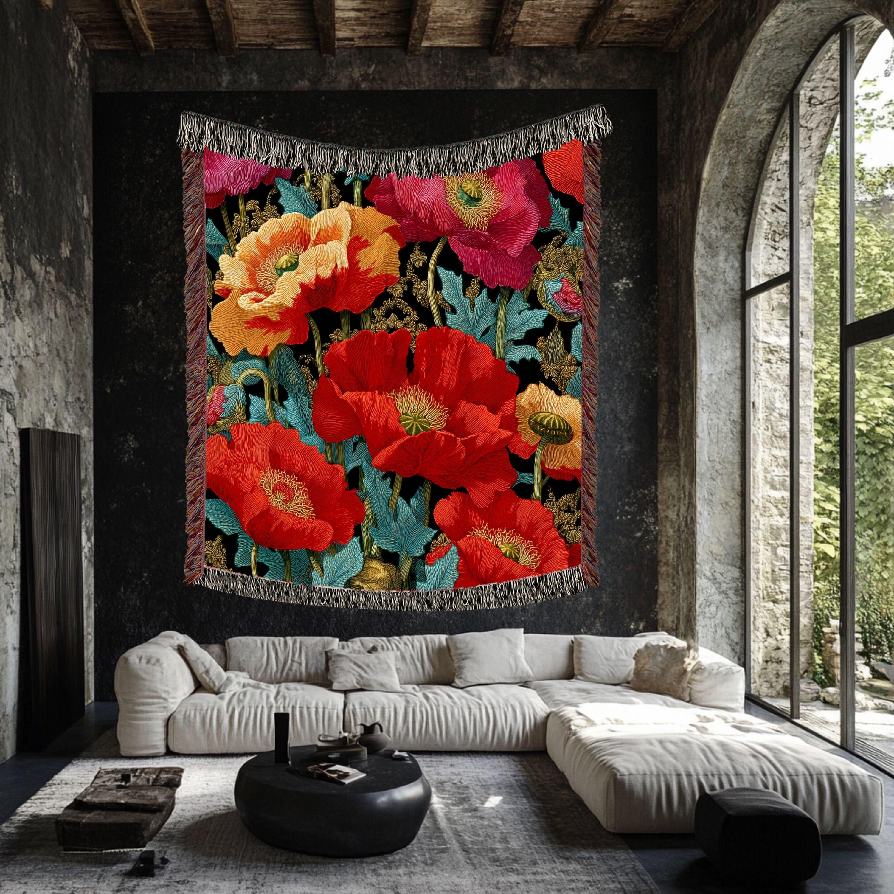 Vibrant Poppy Woven Blanket, Botanical Floral Tapestry Throw, Bold Nature-Inspired Art, Colorful Home Accent, Garden-Inspired Cozy Gift