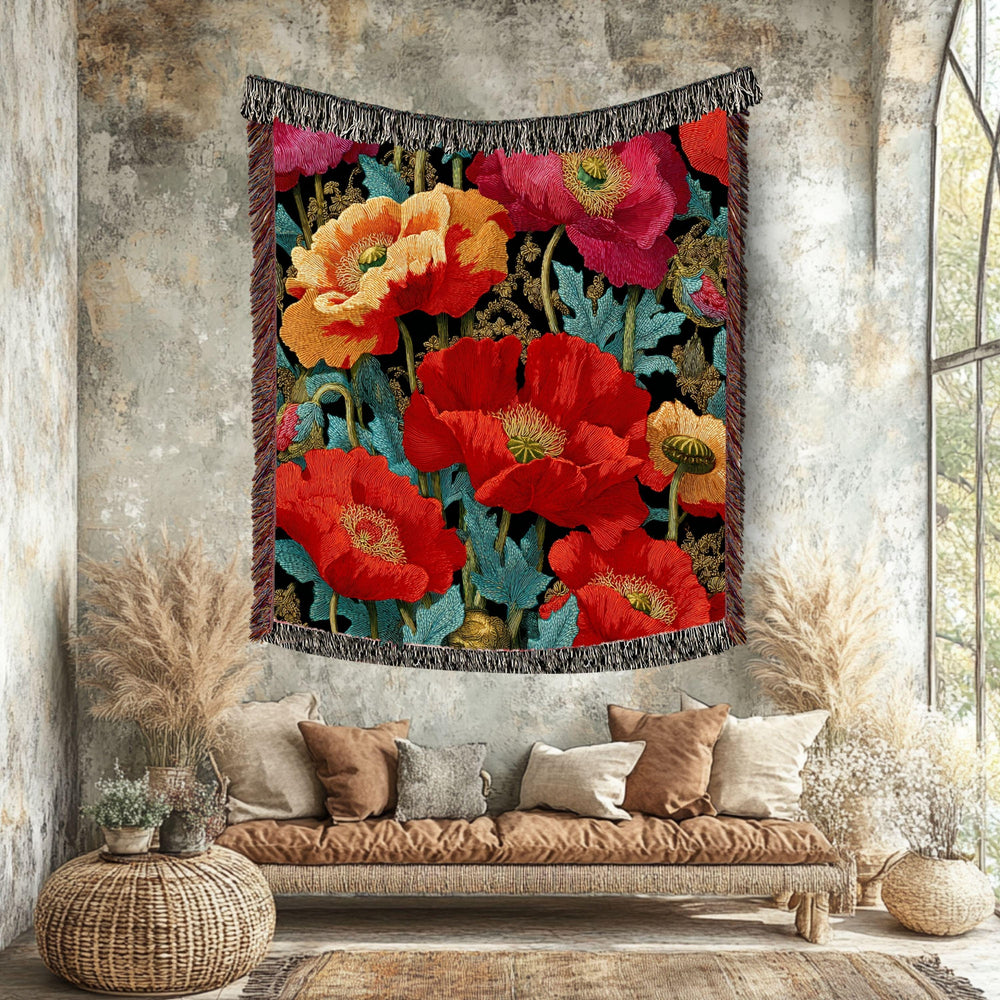 Vibrant Poppy Woven Blanket, Botanical Floral Tapestry Throw, Bold Nature-Inspired Art, Colorful Home Accent, Garden-Inspired Cozy Gift