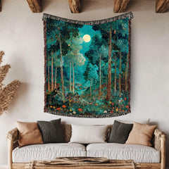 Moonlit Forest Woven Blanket, Enchanted Night Tapestry Throw, Celestial Woodland Decor, Firefly Forest Art, Mystical Cozy Home Accent Gift