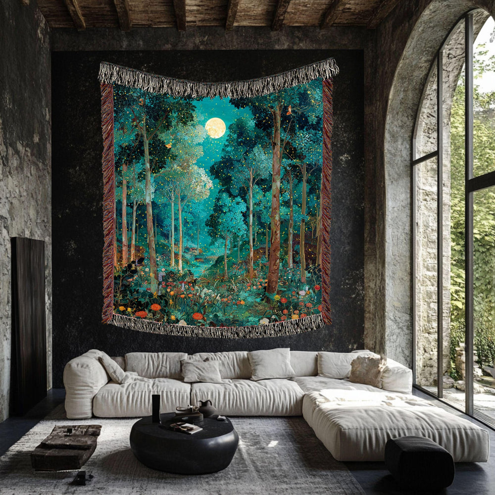 Moonlit Forest Woven Blanket, Enchanted Night Tapestry Throw, Celestial Woodland Decor, Firefly Forest Art, Mystical Cozy Home Accent Gift