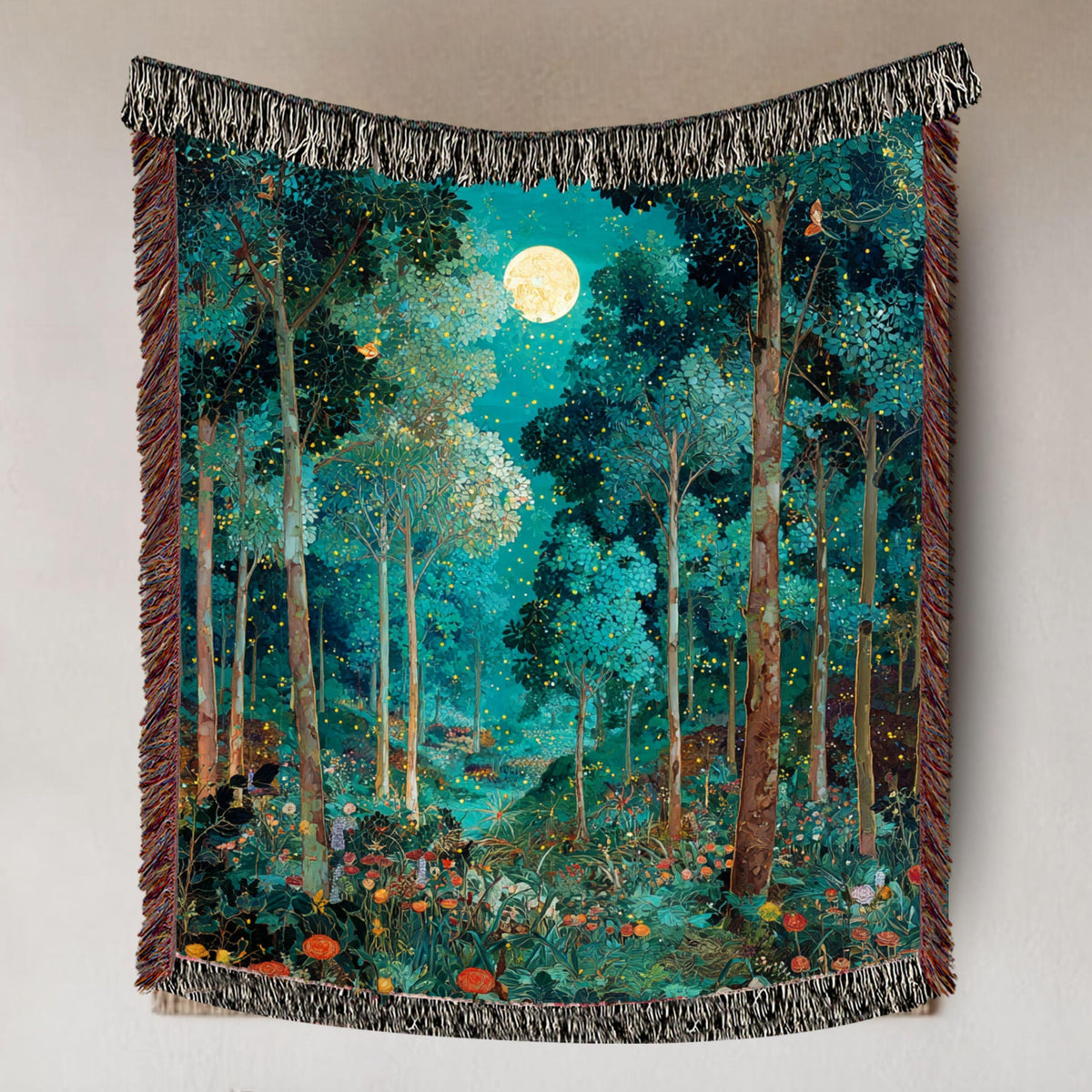 Moonlit Forest Woven Blanket, Enchanted Night Tapestry Throw, Celestial Woodland Decor, Firefly Forest Art, Mystical Cozy Home Accent Gift