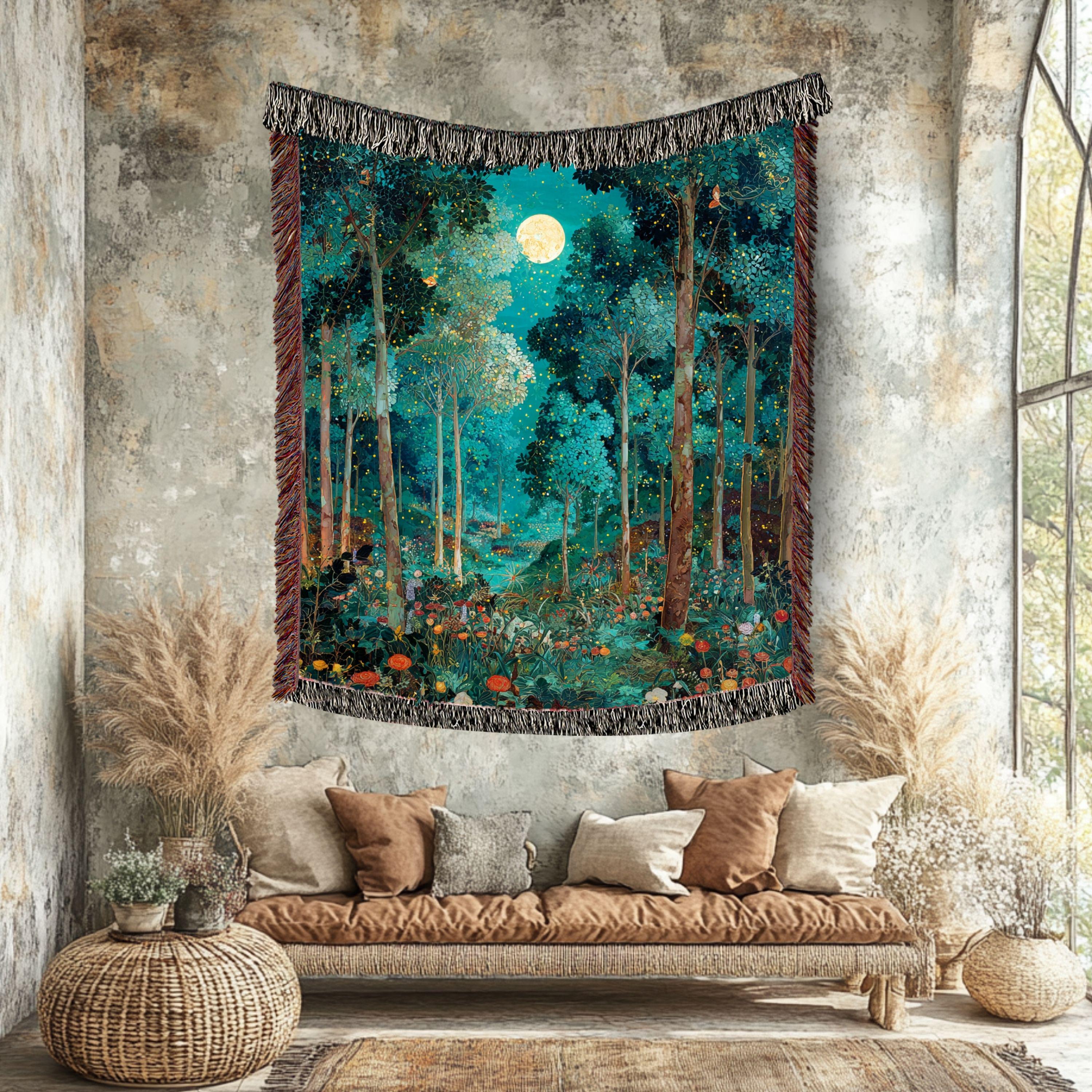 Moonlit Forest Woven Blanket, Enchanted Night Tapestry Throw, Celestial Woodland Decor, Firefly Forest Art, Mystical Cozy Home Accent Gift