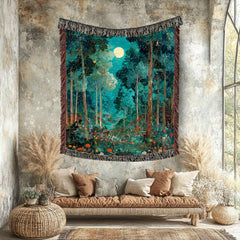 Moonlit Forest Woven Blanket, Enchanted Night Tapestry Throw, Celestial Woodland Decor, Firefly Forest Art, Mystical Cozy Home Accent Gift