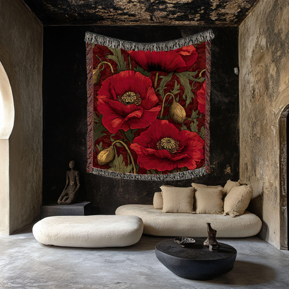 Crimson Poppy Woven Blanket, Vintage Botanical Tapestry, Red Floral Throw, Nature-Inspired Decor, Cozy Cottagecore Garden Gift Accent