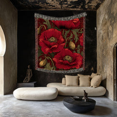 Crimson Poppy Woven Blanket, Vintage Botanical Tapestry, Red Floral Throw, Nature-Inspired Decor, Cozy Cottagecore Garden Gift Accent