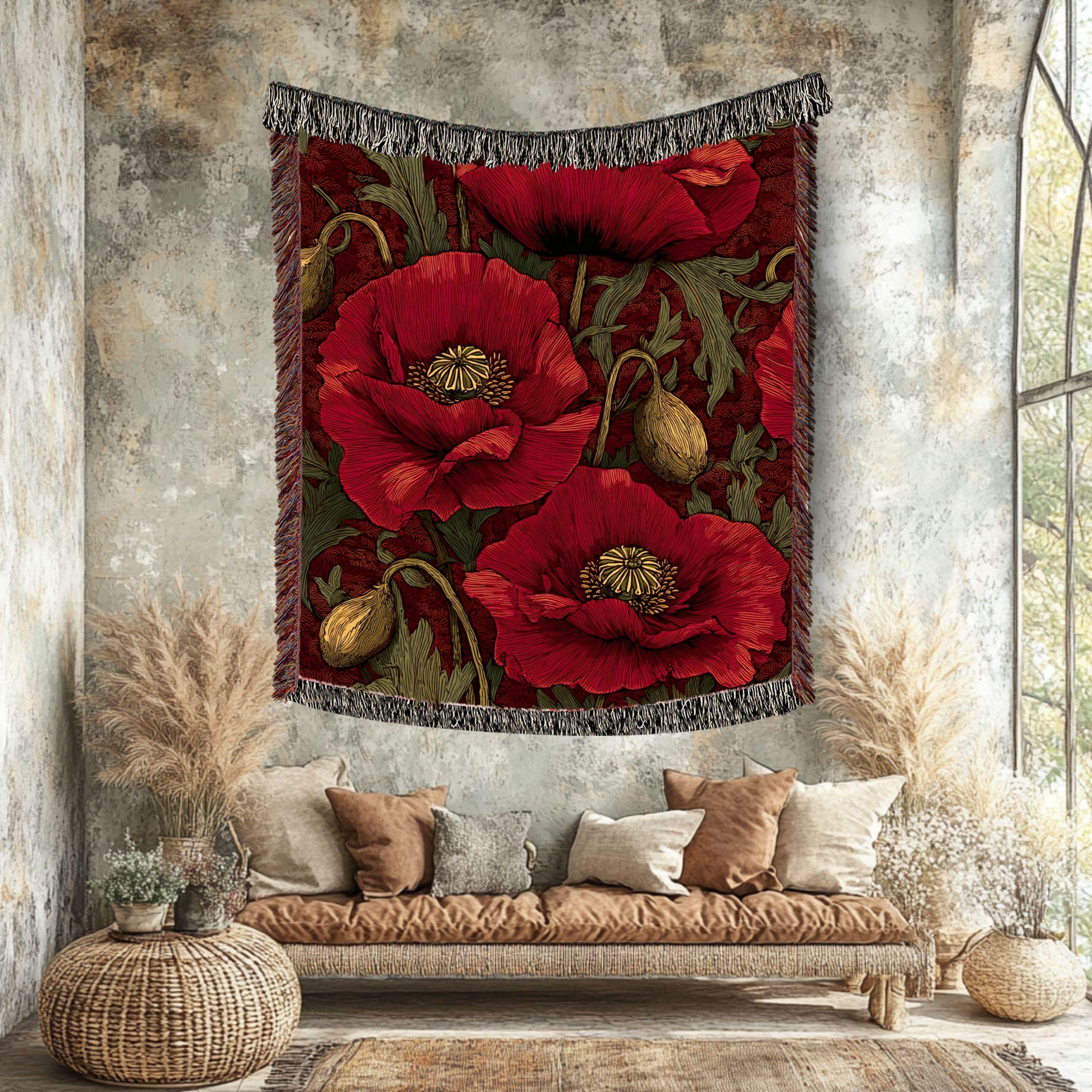 Crimson Poppy Woven Blanket, Vintage Botanical Tapestry, Red Floral Throw, Nature-Inspired Decor, Cozy Cottagecore Garden Gift Accent