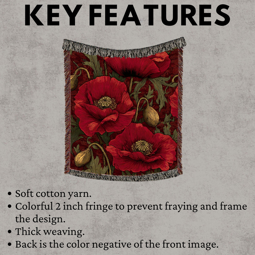 Crimson Poppy Woven Blanket, Vintage Botanical Tapestry, Red Floral Throw, Nature-Inspired Decor, Cozy Cottagecore Garden Gift Accent