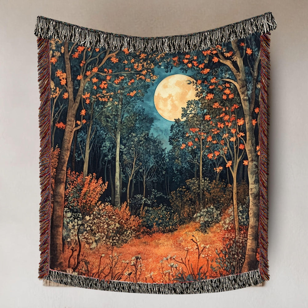 Harvest Moon Woven Blanket, Autumn Forest Tapestry Throw, Nature-Inspired Moonlight Art, Cozy Woodland Decor, Mystical Rustic Home Gift